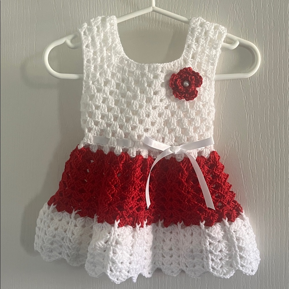 Handmade White and Red Crochet Baby Dress